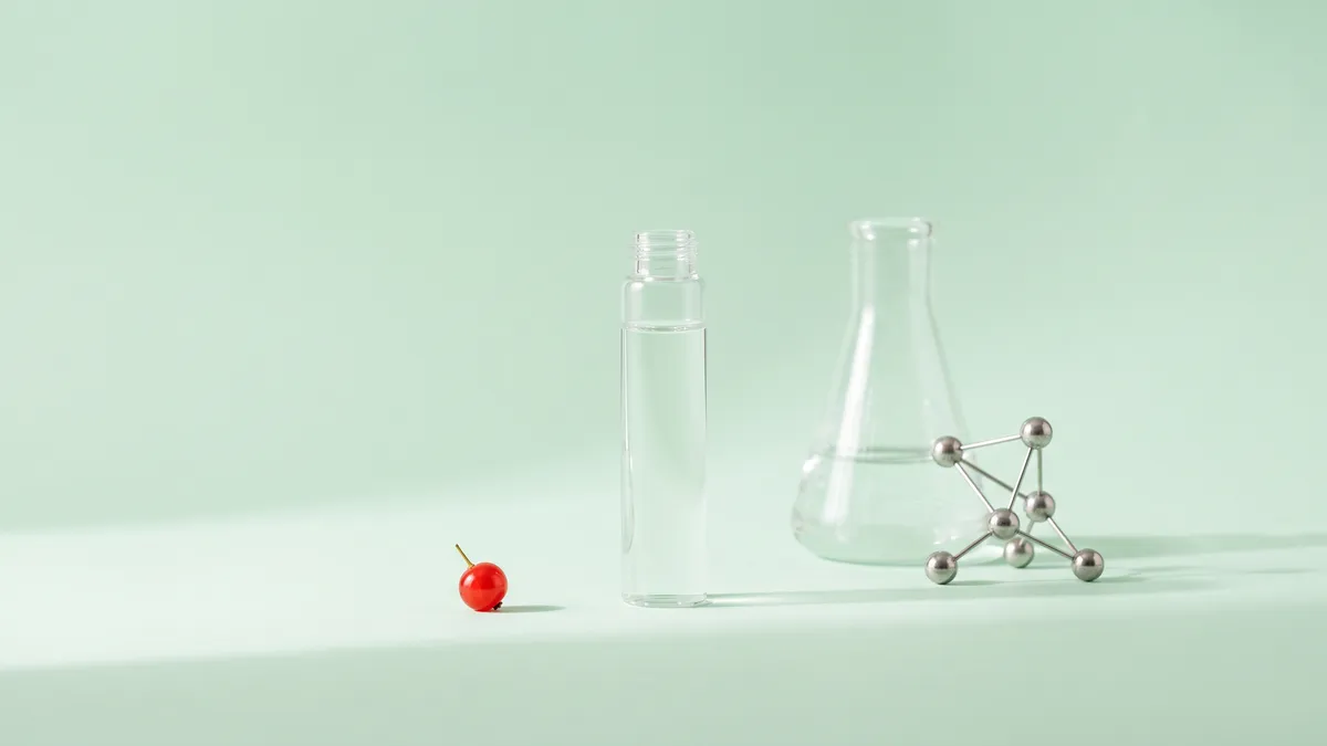 Ein schlichtes Glasfläschchen steht neben einem Laborkolben und einem Molekülmodell aus Kugeln und Stäben.