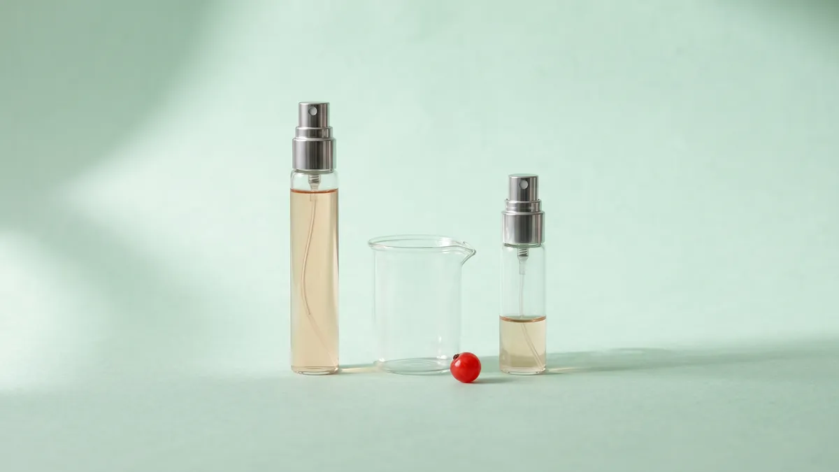 Zwei schlichte Glaszerstäuber, einer fast voll, einer kaum gefüllt, mit einem kleinen Glasbecher dazwischen.