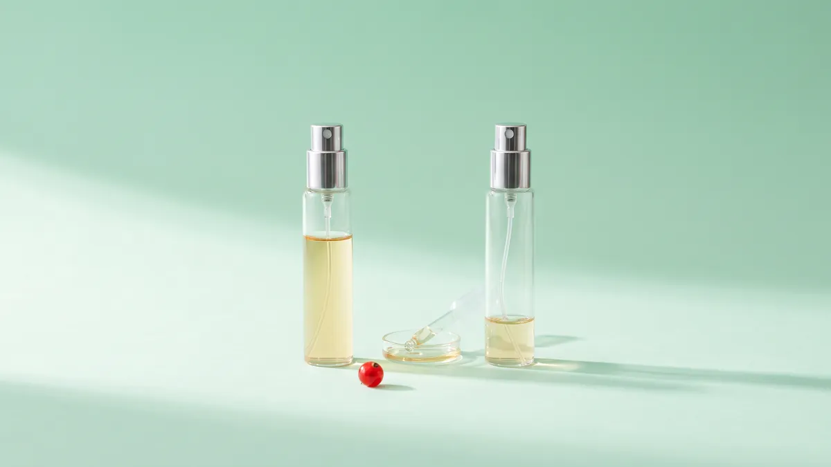 Zwei schlichte Glaszerstäuber mit unterschiedlich viel goldener Flüssigkeit, dazwischen eine Pipette und ein Glasschälchen.