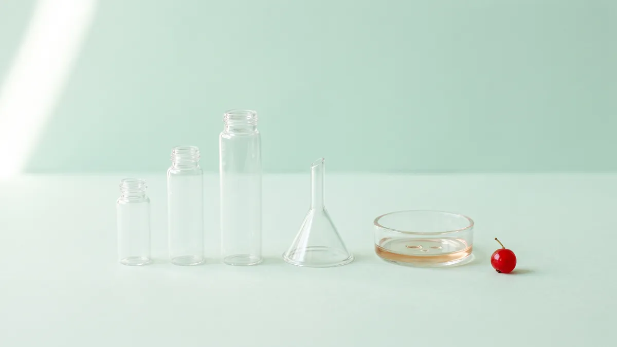 Drei kleine schlichte Glasfläschchen neben einem Glastrichter und einem Schälchen mit wenigen Tropfen heller Flüssigkeit.