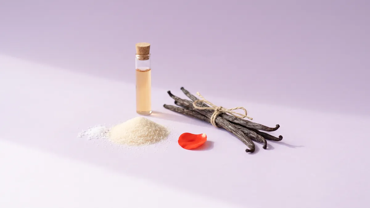 Vanilleschoten mit Zucker und etwas Salz neben einem schlichten, unbeschrifteten Glasfläschchen
