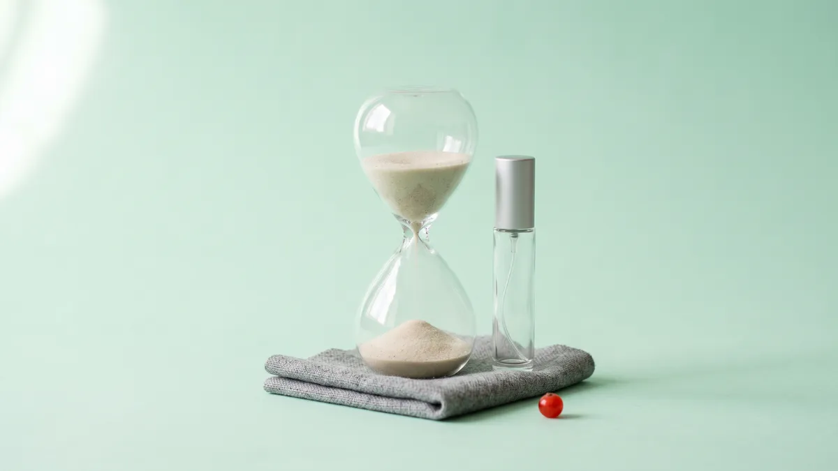 Eine Sanduhr, ein schlichter Glaszerstäuber und ein gefaltetes Stück Wollstoff stehen ruhig nebeneinander.